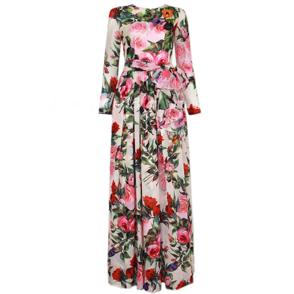 

2016 New Early Autumn Designer High Quality Couture European Gorgeous Sequins Beaded Colorful Print Long Maxi Dress With Scarf