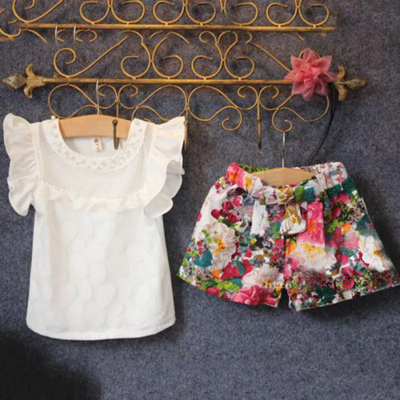 

Summer Baby Girls Clothes Set Children Short Sleeve Solid T-shirt + Short Print Panties Girl Clothing Sets #2618 High Quality