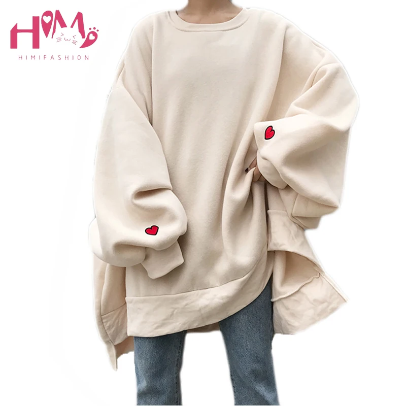

Japanese Harajuku Oversize Winter Fleece Women Hoodies Korean Heart Embroidery Loose Casual Long Sleeve Plus Size Sweatshirts