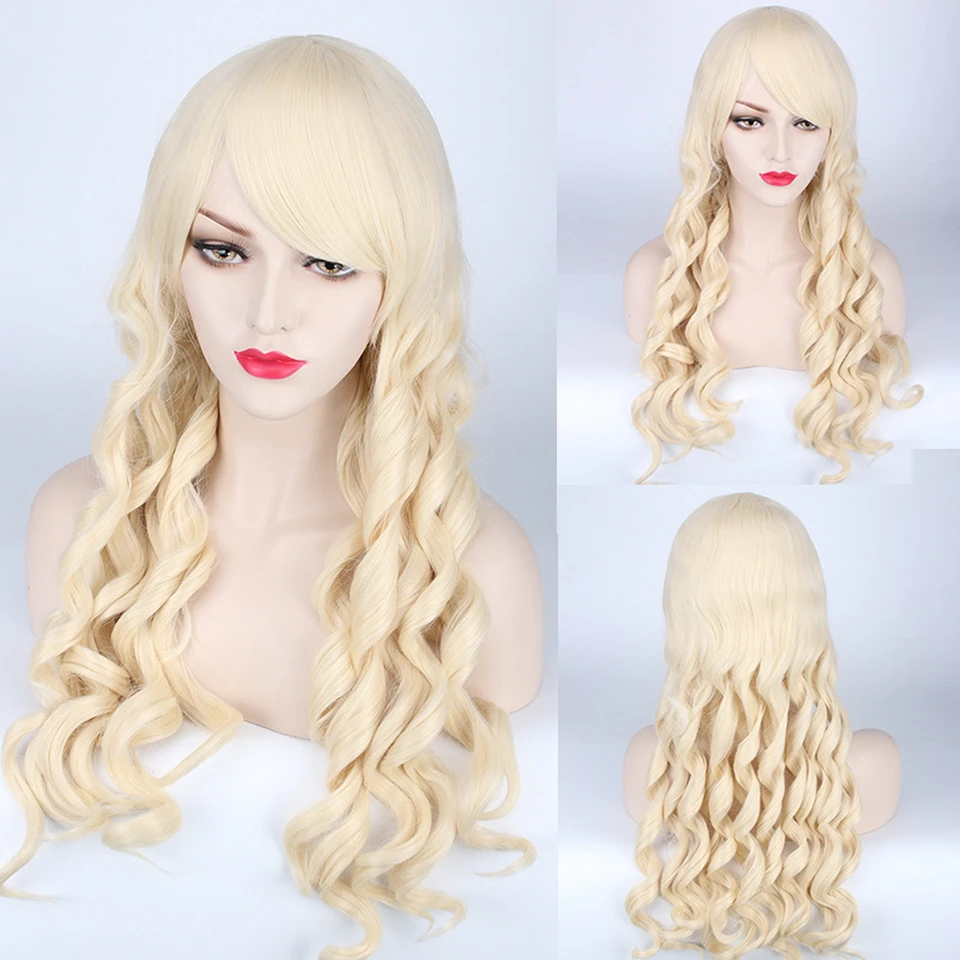 

Fashion Lolita Long Wavy Blonde Brown Cosplay Wig With Bangs Synthetic Hair Halloween Costume Party Play Wigs For Women