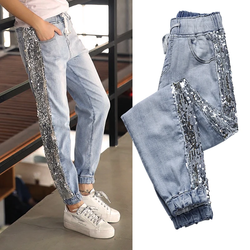 sequin side stripe jeans