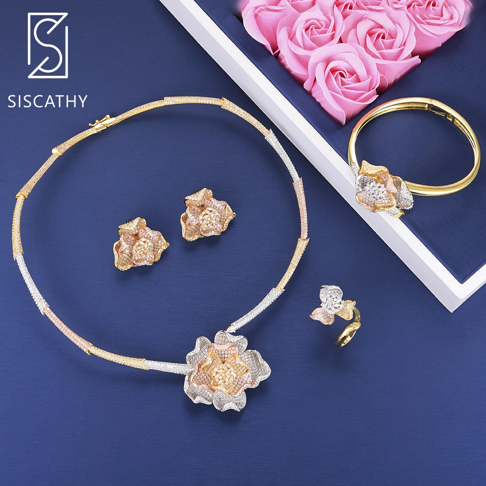 

SISCATHY Fashion Flower Cubic Zirconia Wedding Necklace Dangle Earrings Resizable Bracelet Ring Jewelry Set boucle d'oreille