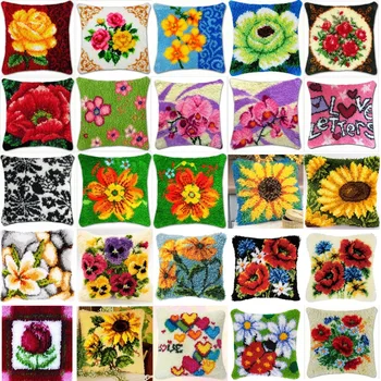 

1flowers 022 DIY Needlework Kit Acrylic Yarn Embroidery Pillow Tapestry Canvas Cushion Front Cross Stitch Pillowcase