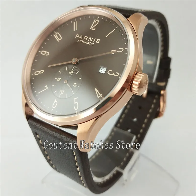 

41mm Parnis Black Leather Band Coffee Dial Automatic Men Watch 2576