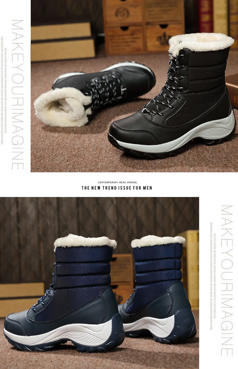Женские ботинки; теплые зимние ботинки на меху; модная женская обувь; ботильоны на платформе со шнуровкой; водонепроницаемые зимние ботинки; нескользящая женская обувь