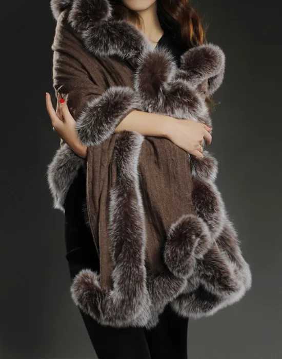 

100% pure cashmere shawl with real fox fur trim women warm thick autumn winter fur cape black elegant brown luxury scarves S116