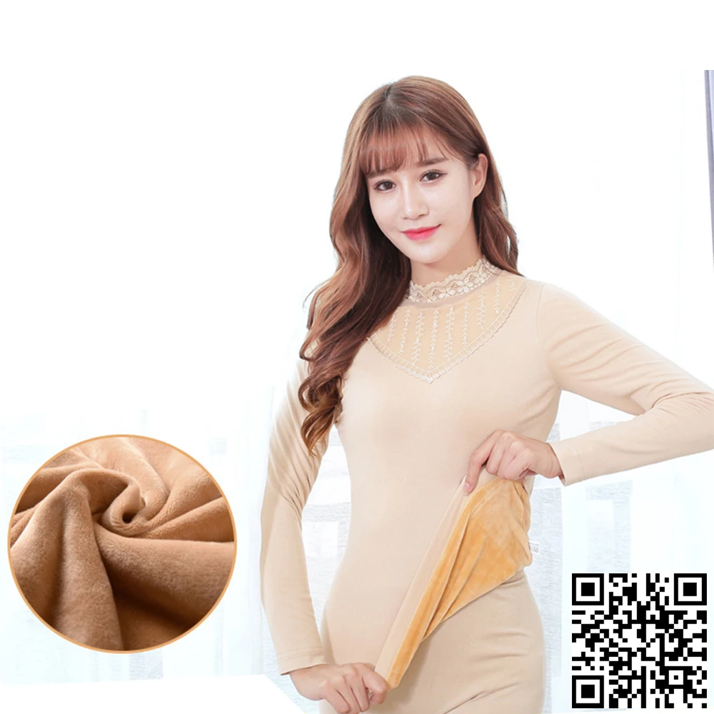 

2pcs Suit Thick Women Thermal Underwears Tops+Pants Slim Winter Warm Ladies High collar lace Underwear Thermal Underwear Bottoms