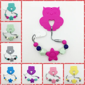 

New Wholesale Detachable 2 In 1 silicone Teething Pacifier Clip with large Owl pendant star chew beads