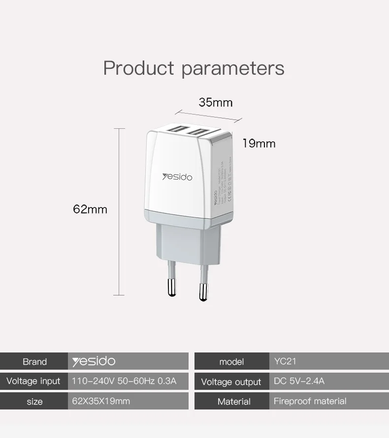 Yesido YC21 двойное настенное зарядное устройство USB с кабелем Micro USB для iPhone X XS 8 7 samsung Xiaomi быстрое зарядное устройство USB адаптер EU штекер