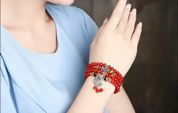 

Pretty Red Crystal Bracelets Beads 6mm Lucky Tibetan Silver Glass Pendant for Lovers Crystal Bracelet Multilayer Jewelry