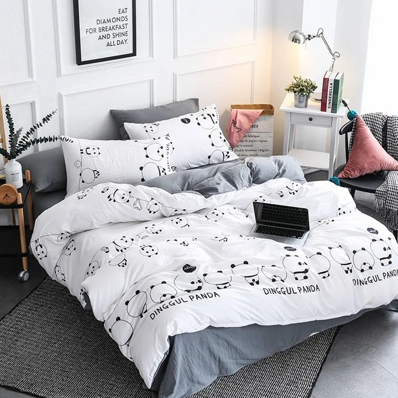 الانقلاب المنسوجات المنزلية الباندا بسيطة الأبيض الفراش مجموعات طفل في سن المراهقة الفتيان الكتان غطاء لحاف المخدة غطاء سرير فتاة الكبار أغ...