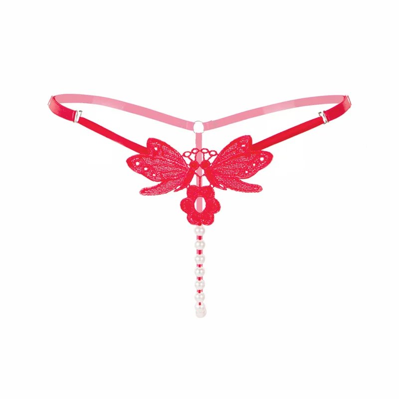 Регулируемый размер, сексуальные женские стринги с вышивкой бабочки и жемчугом, стринги с низкой талией, женское нижнее белье, трусики с бусинами - Цвет: Красный