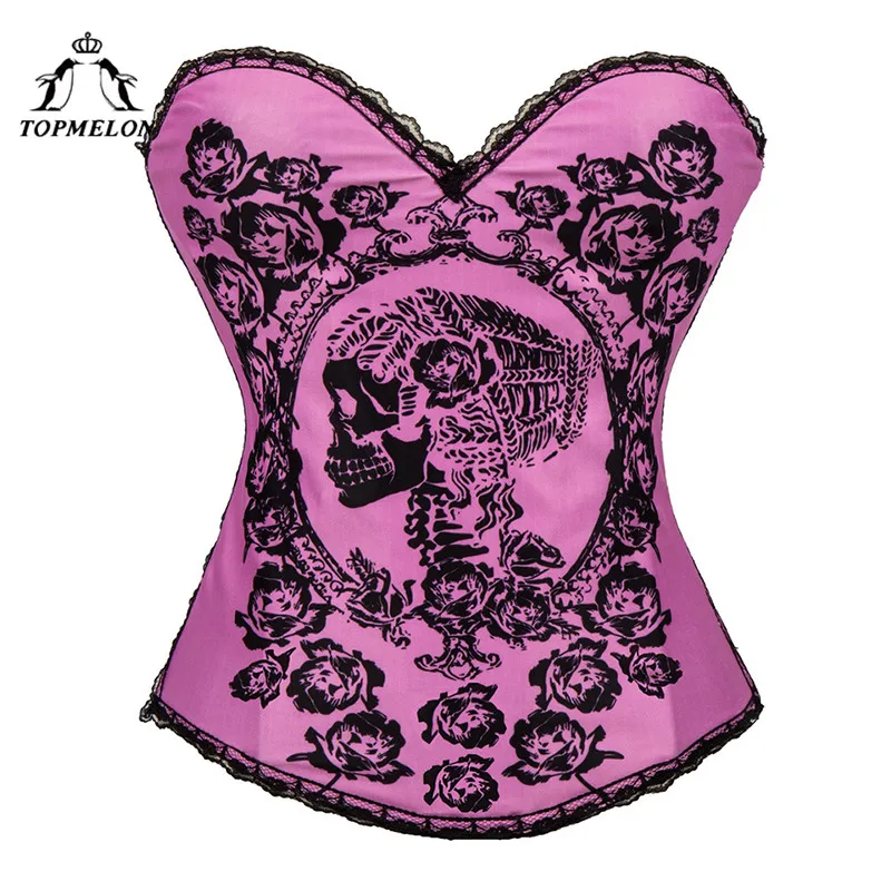 

TOPMELON Corset Steampunk Bustier Gothic Corselet Sexy Corset Women Pink Lace Skull Flower Pattern Costume Party Corset Tops