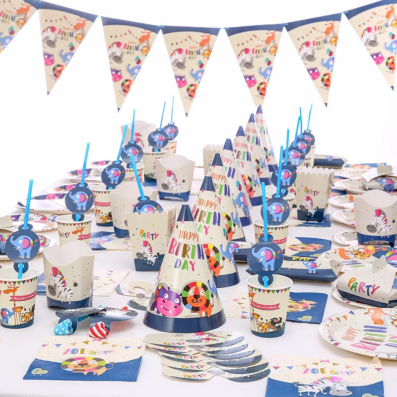 New Cartoon Zoo Animals Disposable Tableware Set Birthday Party Supplies for Kids Adult Color Zebra Elephant plate mask boxes | Дом и сад