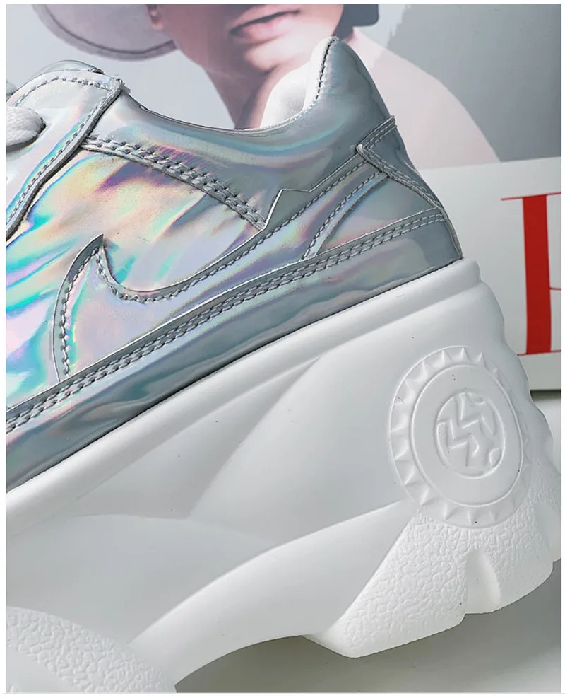 2019 Spring Women Pumps Beige Genuine Leather Girls High Heels Platform Sneaker Silver Laser Increased Casual Wedges Shoes Woman (3)
