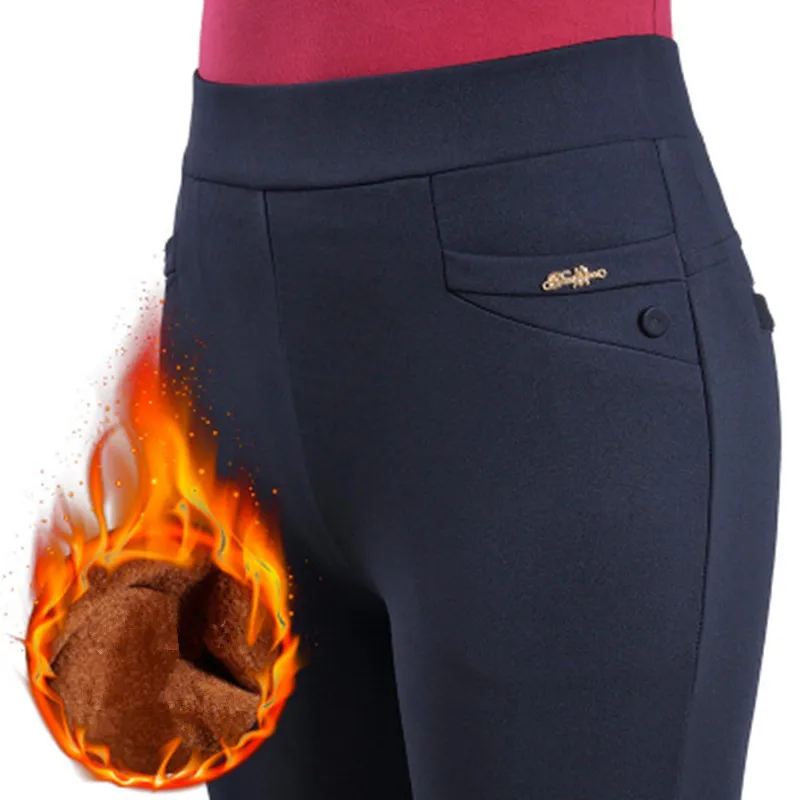 

Plus Size Velvet Middle-aged Female Trousers Winter Mother High Elastic Waist Slim Stretch Cashmere Warm Pants Female Leggings