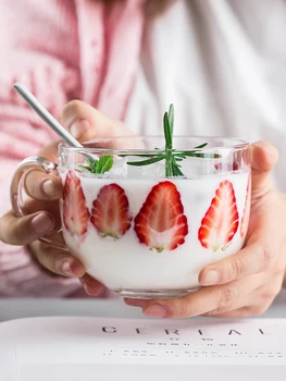 

Glass Home Cup Large capacity cute breakfast cup clear milk cereal belt covered glass oat cup