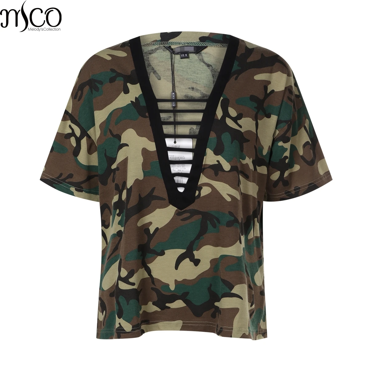 

MCO Sexy Plunge Cage V Neck Camo Print Plus Size Women T-shirt Casual Army Camouflage Oversized Tee Street Top Big Size 6XL 7XL