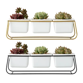 

Nordic simple wrought iron three pots a set of square trapezoidal ceramic succulent iron frame ceramic pot set WF6211128