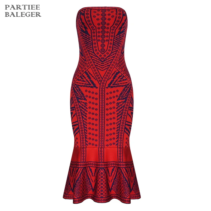 2019 New Arrival Luxe Geometric Jacquard Design Ruffles Sexy Strapless Sleeveless Backless Celebrity Party Bandage Midi Dress | Женская