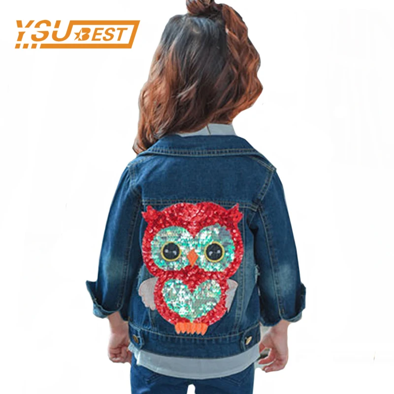 2018 для маленьких девочек Джинсовая куртка с блестками Сова модная верхняя одежда