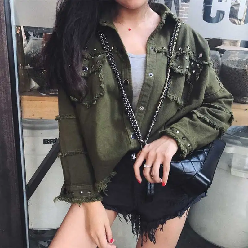 BOHO INSPIRED Army Green Cotton female jacket STUDS Rivet long sleeve