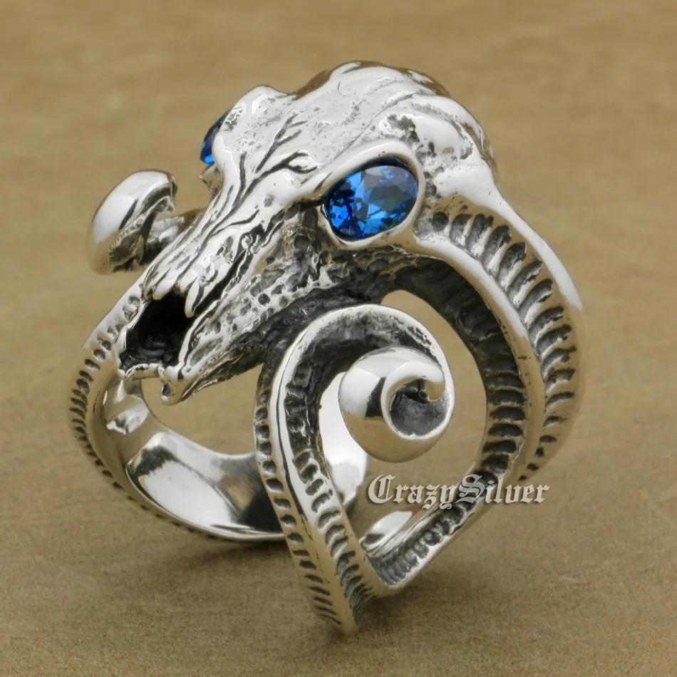 

CZ Eyes 925 Sterling Silver Large Ran Skull Horn Aries Ring Mens Biker Rocker Punk Ring 8EX03 US Size 8 to 12