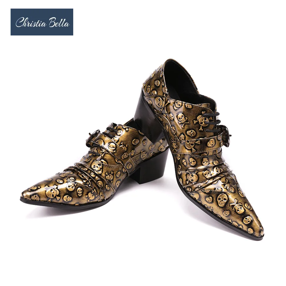 preço Christia Bella Uqitue Dobra Dos Homens Designer de Moda Oxfords Vestido Sapatos Plus Size Crânio de Ouro Dos Homens Do Estilo Punk Partido Boate sapatos