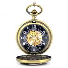 New Steampunk Skeleton Mechanical Bronze Pocket Watch Men Vintage Hand Wind Clock Necklace Pocket & Fob Watches With Chain