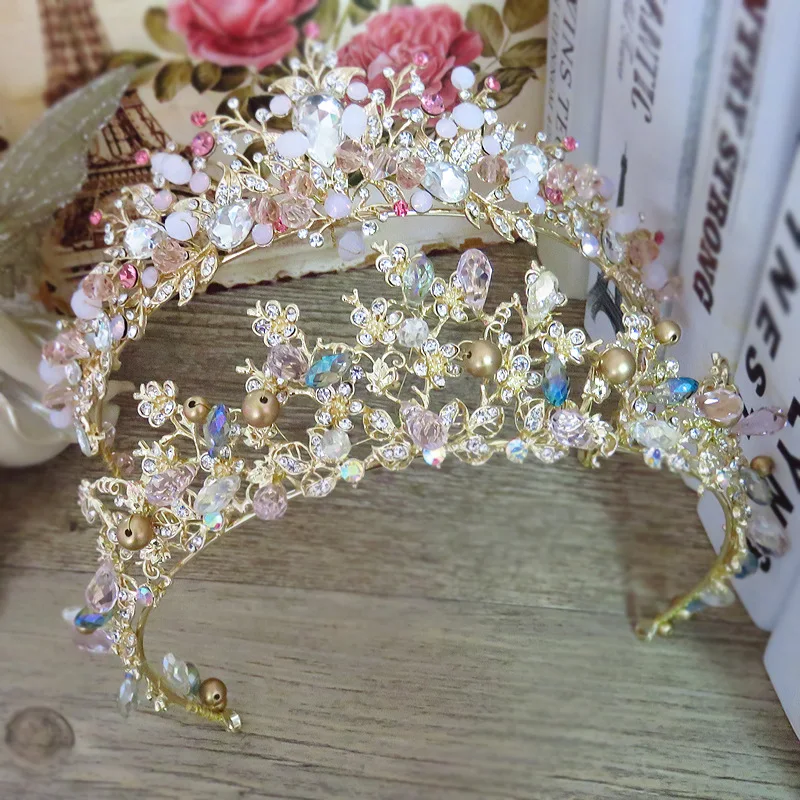 

Brides Hair Jewelry Baroque Handmade Beaded Luxury Pink Gold Crowns Crystal Tiara Sweet Princess Tiaras Wedding Hair Accessories