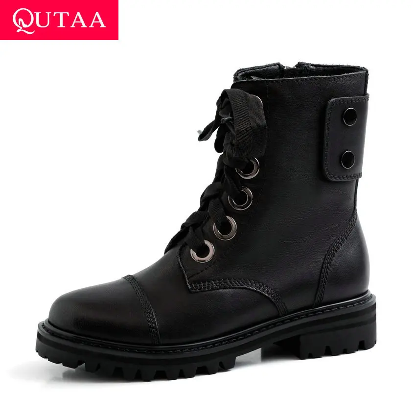 

QUTAA 2020 Casual Middle Heel Antiskid Ankle Boots Cow Leather Round Toe Zipper Lace Up Autumn Winter Women Boots Size 34-39