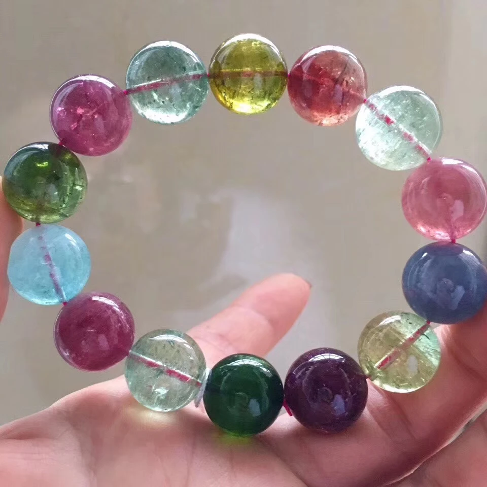 

Natural Colorful Rainbow Tourmaline Jewelry 15.2mm Woman Man Fashion Healing Round Beads Brazil Bracelets AAAAA Certificate