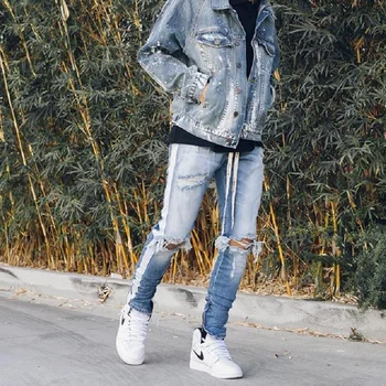 

QoolXCWear Knee Hole Side Zipper Slim Distressed Jeans Men justin bieber Ripped tore up Jeans For Men stripe pants