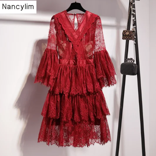 

2019 Spring Autumn Lace Dress Women New Water-soluble Lace V Collar Hollow Out Slim Holiday Party Chiffon Dress Female Dresses
