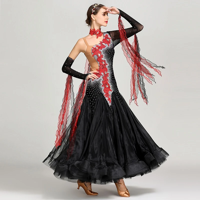 Vestido de Salón Estándar negro para mujer, ropa de de salón, traje de baile moderno, vestido de vals|Salón baile| -