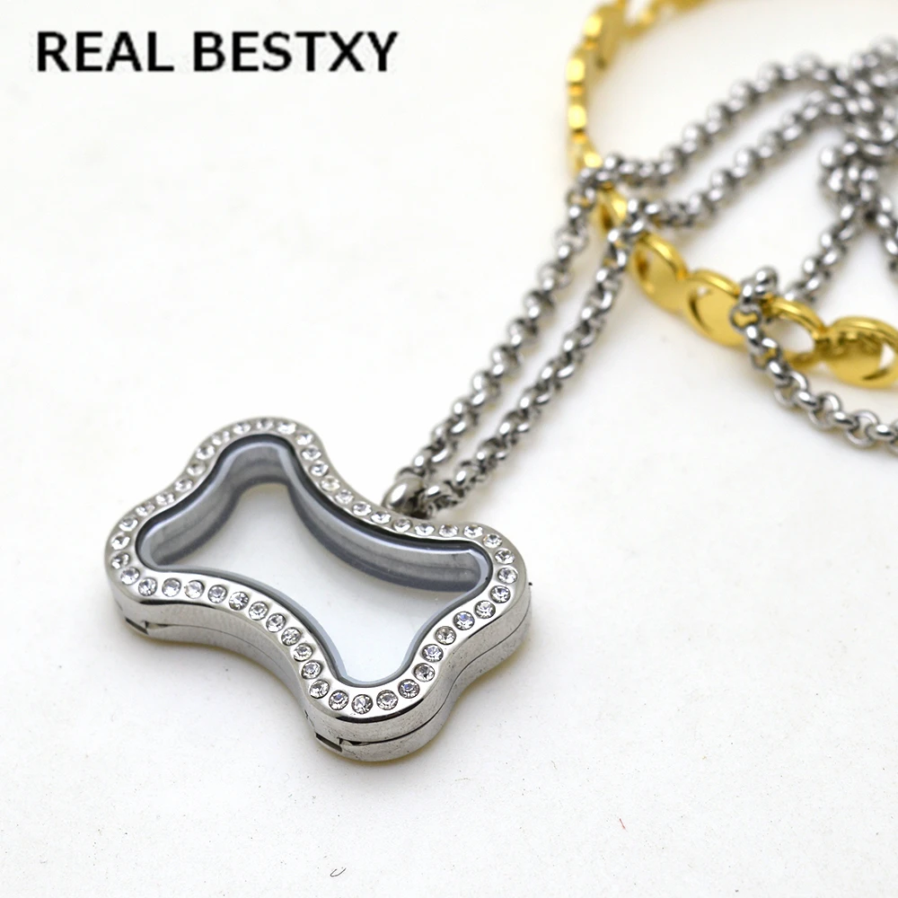 

REAL BESTXY Silver dog bone floating locket necklace with Chain magnetic glass floating charm locket pendent +Rhinestone