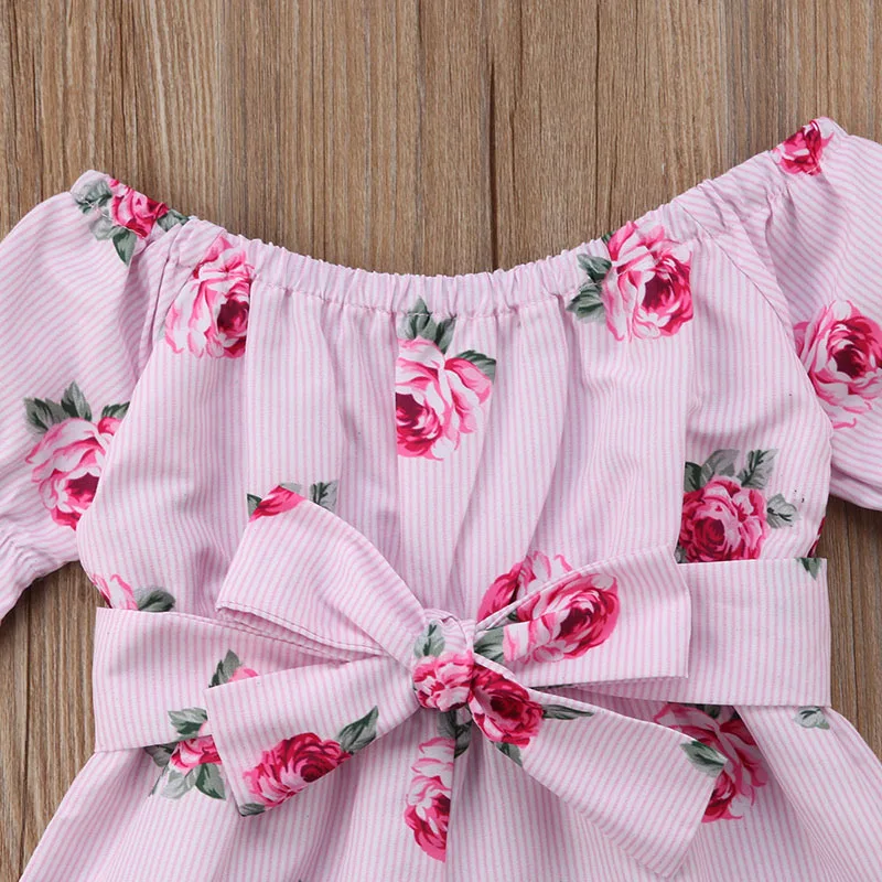 Floral Romper Off shoulder Flare Sleeve Loose Bow Striped Jumpsuit ...