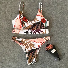 Sexy Bikini Women Swimsuit 2019 Summer Cut Out Bathing Suits Push Up Bikini Jungle Leaf Print Swimwear Brazilian Beach Biquini calico print ladder cut out bikini set