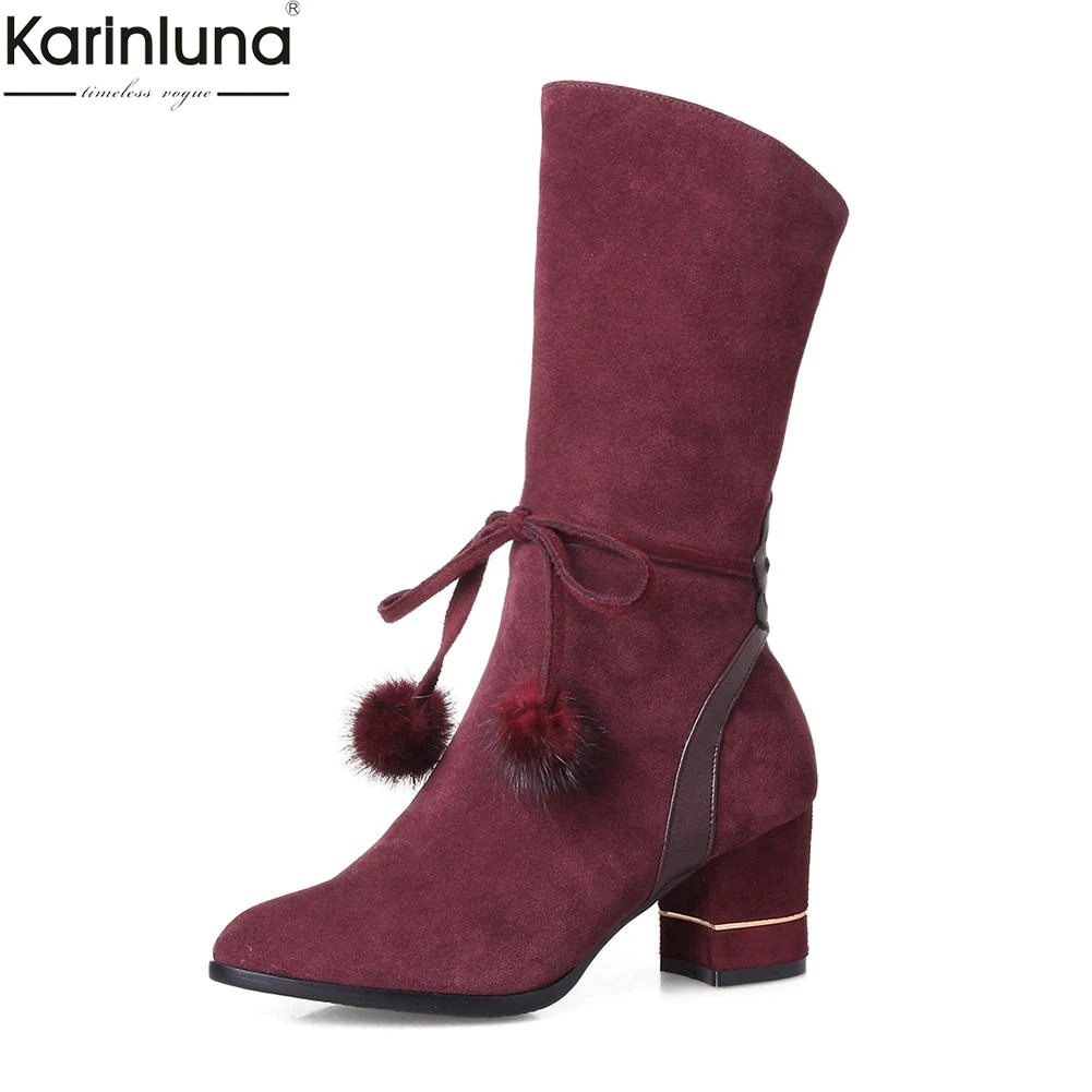 

Karinluna 2018 Large Size 33-43 Dropship Cow Suede Shoes Woman Boots Chunky Heels Hot Sale Mid Calf Boots Female Shoes Woman