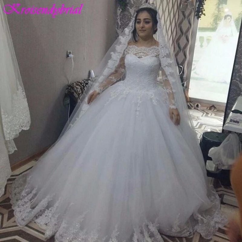 

QFS089 Vestidos De Noiva New Custom Made Lace Wedding Dresses Long Sleeves Vintage Fluffy Bridal Dresses robe de mariage 2019