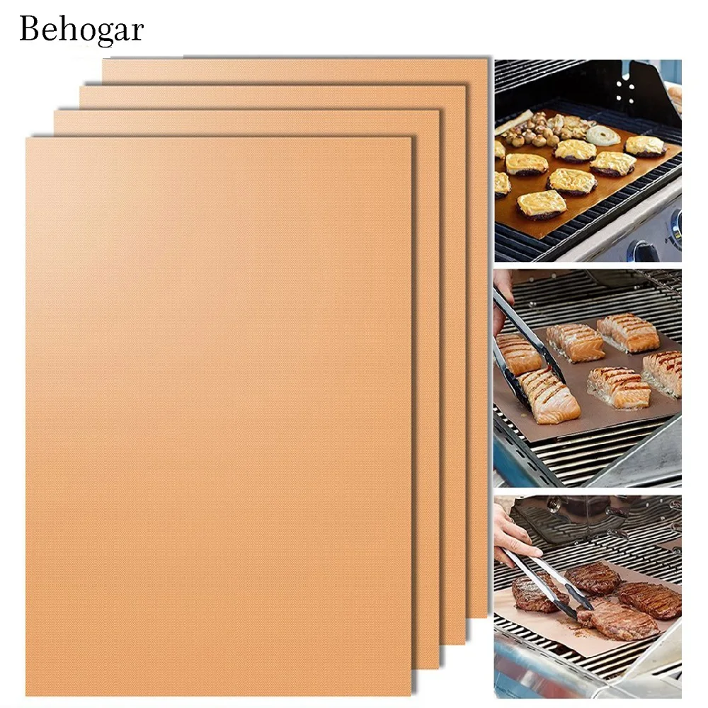 

Behogar 5pcs/Set Copper Chef Grill Mat Non-stick Reusable Easy to Clean BBQ Grill & Baking Mats Barbecue Pads w/ Silicone Brush