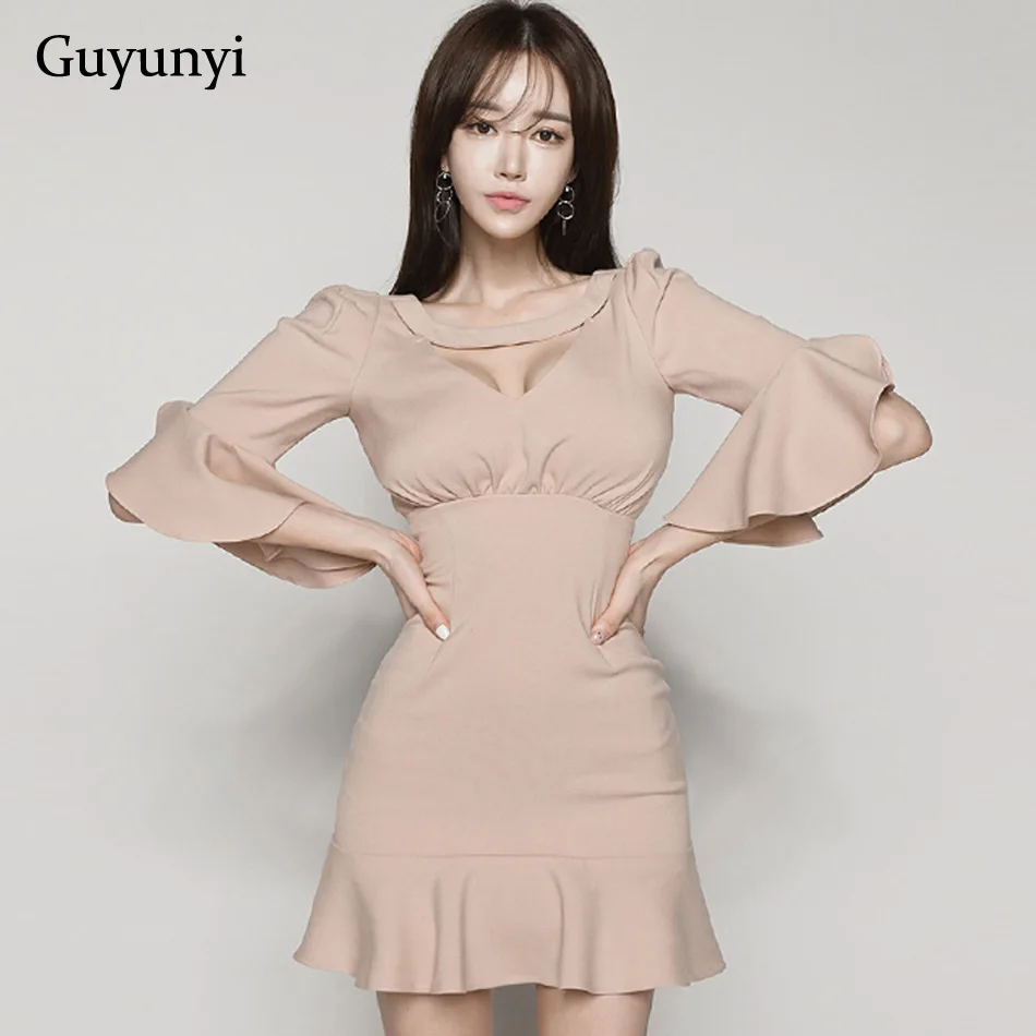 

Elegant Office Dress 2019 Summer Plain Color Half Butterfly Sleeve V-Neck Above Knee Small Sexy Party Dress Women