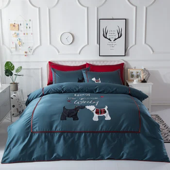 

4Pcs Luxury egyptian Cotton dog Embroidery Bedding set Queen King size kids Bed set Duvet cover Bedsheet Bedlinen Pillowcase