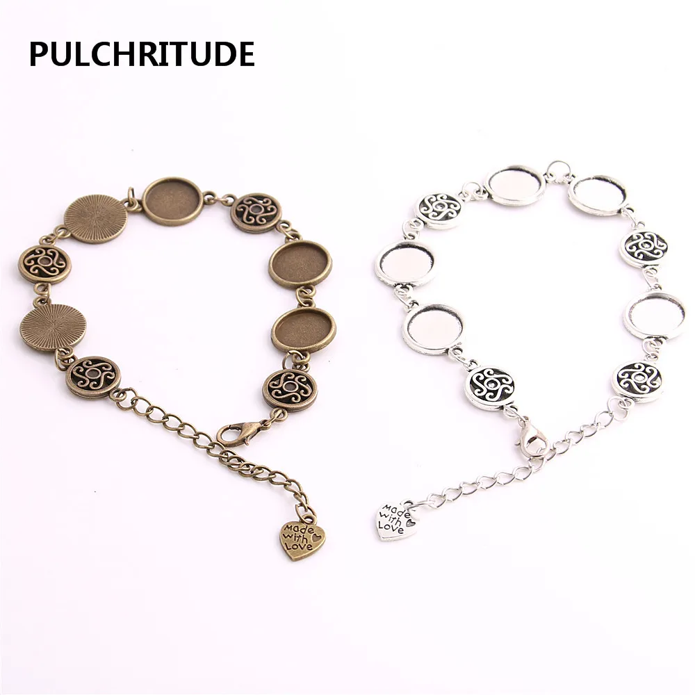 

PULCHRITUDE 3 pcs/lot Metal Chain Cabochon Base Fit round 12mm Hand Made Heart Charm Bracelet Jewelry Diy C1004