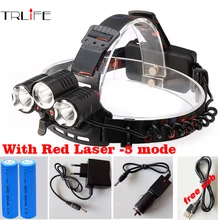 2017 4 LED 5 Mode LED Headlight +1x Red Lighting 10000 Lumen CREE XM-L T6 Head Lamp Headlamp +2x 18650 Battery +Car USB Charger