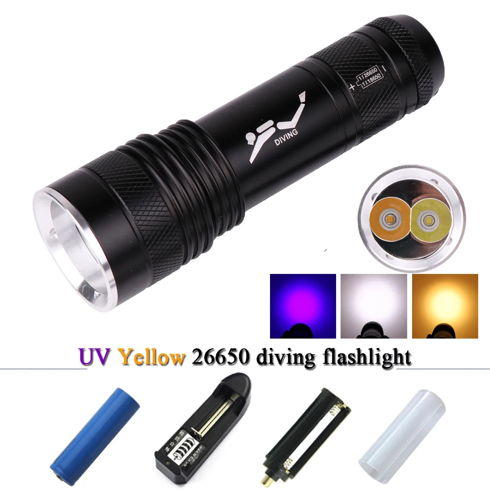 

uv Yellow white light scuba diving flashlight 26650 XML-T6 L2 underwater lanterna lampe torche waterproof torch flashlight 18650