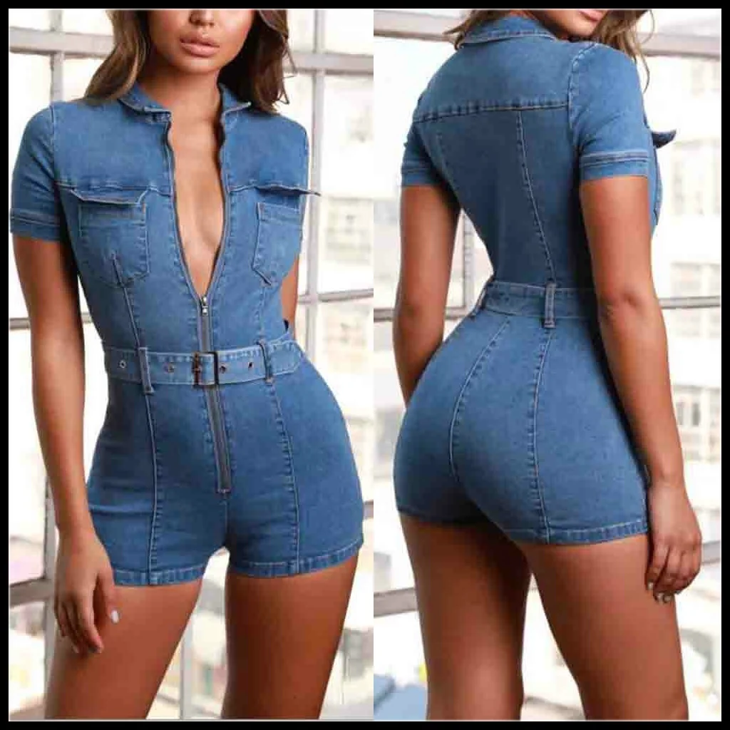 Women's Fashion New Deep V-Neck Denim Rompers Sexy Fashion Belt Zipper Bodycon Romper Female Casual Solid Shorts Jumpsuit S-2xl Women's Fashion New Deep V-Neck Denim Rompers Sexy Fashion Belt Zipper Bodycon Romper Female Casual Solid Shorts Jumpsuit S-2xl