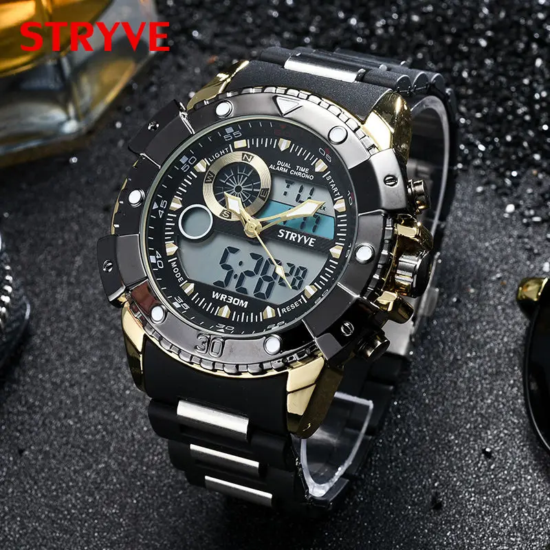2017 Multifunction Sports Watches Stryve Brand Luxury Led Analog Clock Military Big Dial Dual Display Quartz