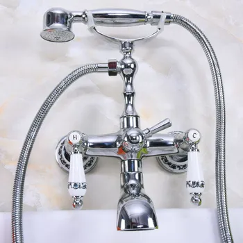 Polished Chrome Brass Double Ceramic Handles Wall Mounted Bathroom Clawfoot Bathtub Tub Faucet Mixer Tap w/Hand Shower ana206 wall mounted polished chrome round rain shower faucet tub mixer tap dual cross handles hand held shower head acy351