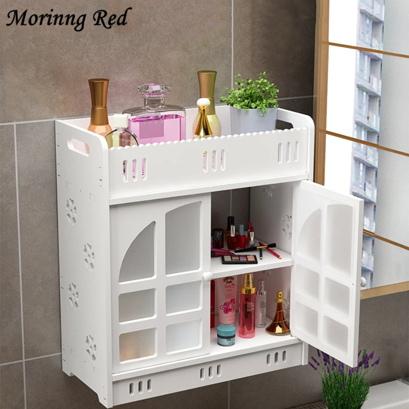 

Bathroom High Capacity Shelf Cosmetic Storage Box Hangable Bath Products Rack Drawer Organizer Dust Door Wood Plastic Board